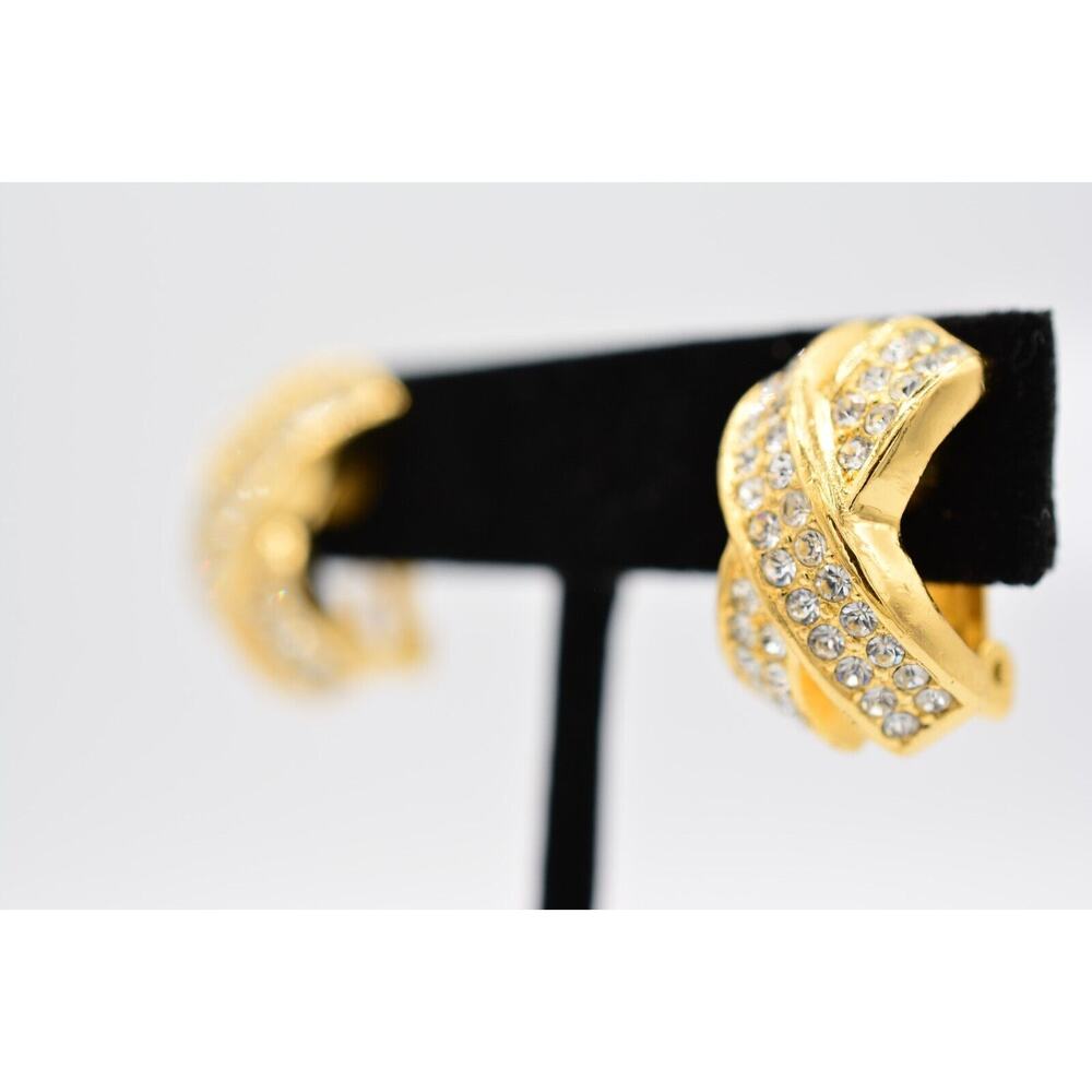 Christian Dior Vintage Clip On Earrings X Rhinestone Crystal Gold Signed BinAO - Picture 2 of 13